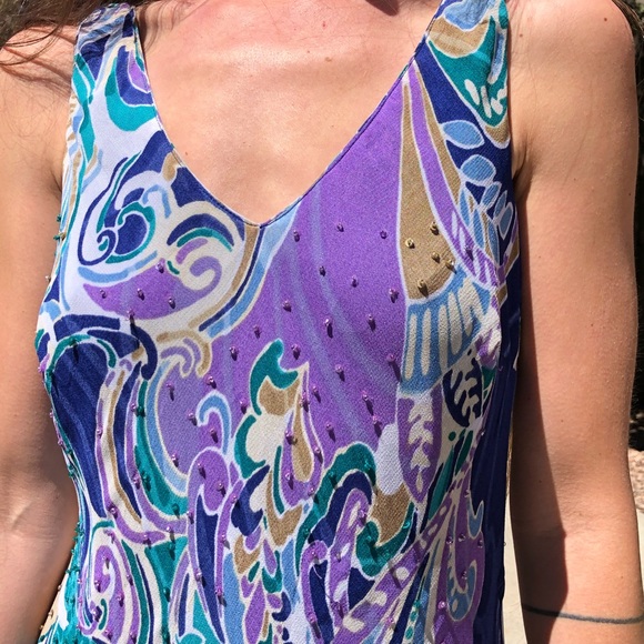 Stunning beaded vintage flowy asymmetric hem sleeveless paisley print dress - Picture 2 of 6